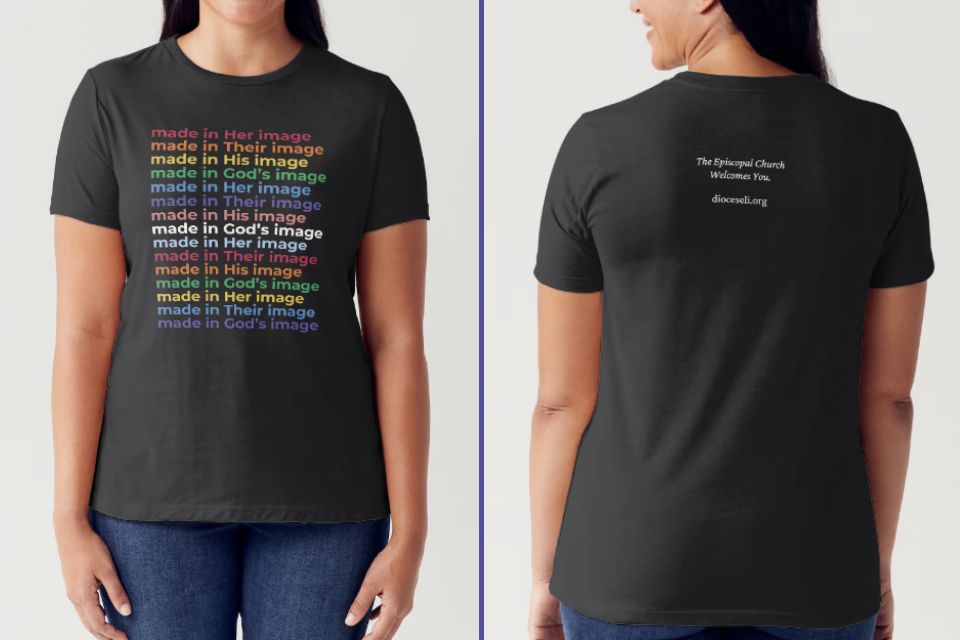 A mockup of the front and back of a t-shirt. The shirt is black, with rainbow text reading "Made in his image, made in her image, made in their image, made in God's image"