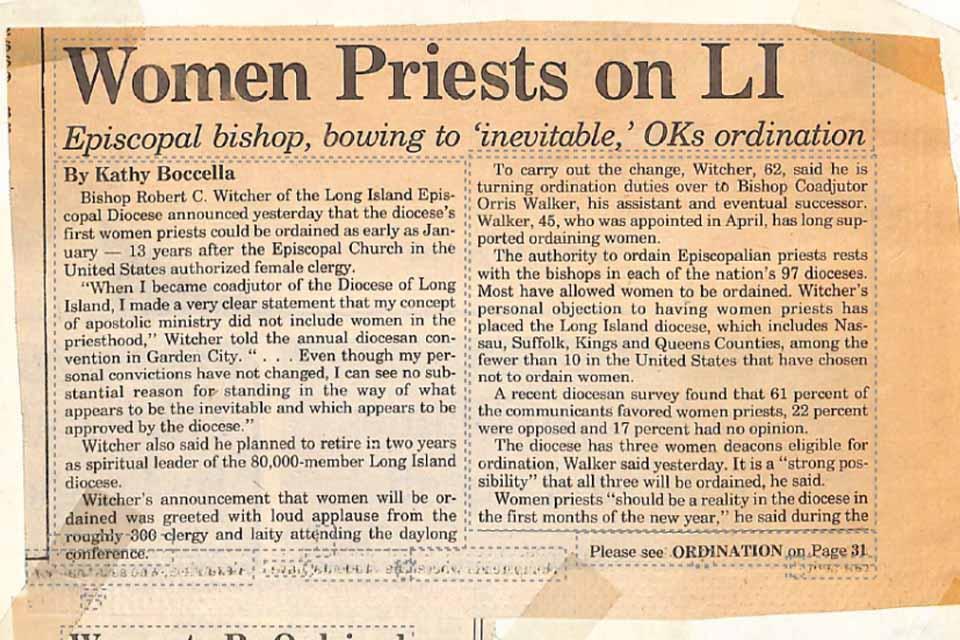 A newspaper trimming which reads "Women Priests on LI"
