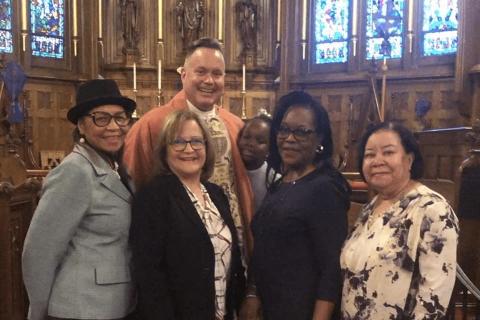 Following Sunday Worship on March 19th, Nancy Leghart, Executive Director of the St. John’s ICARE Foundation, personally thanked the Rev. J. Christopher Ballard of Trinity-St. John’s Church in Hewlett, along with parishioners and St. John’s Episcopal Hospital Auxilians Betty Le Cadre, Dosley McNeil, and Janice Taylor for their ongoing commitment to the patients of St. John’s Episcopal Hospital and the St. John’s ICARE Foundation. Also pictured is Rolanda Maria, a young parishioner and the daughter of St. Jo