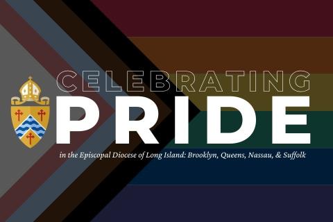 A pride flag, with the Diocesan shield and text that reads "Celebrating Pride in the Episcopal Diocese of Long Island: Brooklyn, Queens, Nassau & Suffolk