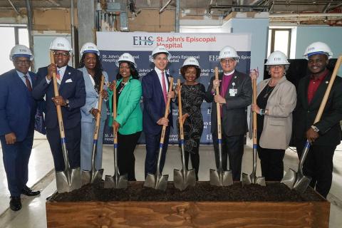 Pictured (from left): Joseph Edwards, representing Congressman Gregory Meeks, Queens Borough President Donovan Richards Jr., Dr. Jacqueline Marecheau, MD, FACOG, EHS Chairperson, Department of Obstetrics and Gynecology, Renee Hastick-Motes, EHS Senior Vice President and Chief External Affairs Officer; President, St. John’s ICARE Foundation, Dr. Donald T. Morrish MD, MMM, CEO Episcopal Health Services, Council Member Selvena Brooks-Powers, Bishop Lawrence Provenzano, EHS Board President and Chairman, Assembl