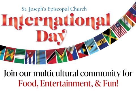 International Day flyer - flags of many various nations hung across the graphic.